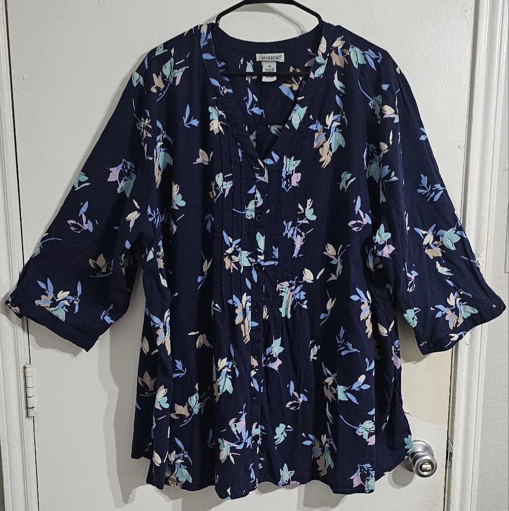 Catherines Womens Floral Tunic Top 4X Blue Purple Boho Lagenlook